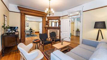 Fireplace, books, offices