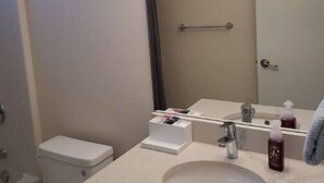 A modern bathroom with a white sink, mirror, and toilet. There is a towel rack above the mirror and a shower curtain rod on the wall. - Bachelor's Green Oasis: With Putting Green (Langford)