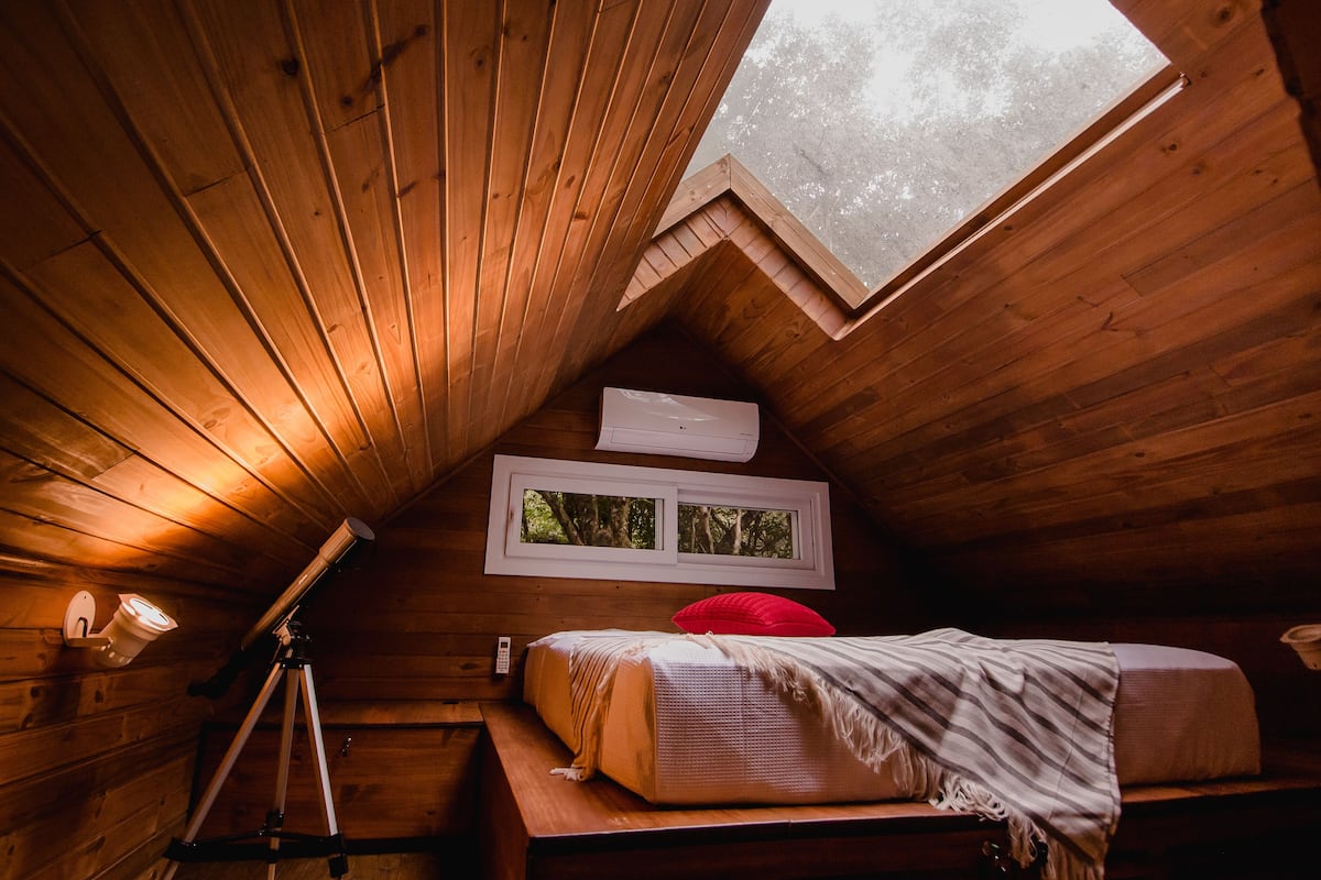 A cozy attic bedroom with wooden walls, a skylight, a telescope, a bed with a red pillow, and a window with a view of trees.