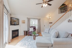 Smart TV, fireplace, video games, DVD player
