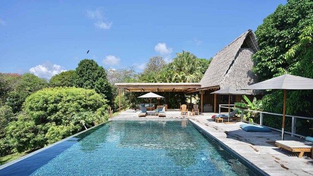 A swimming pool with lounge chairs and umbrellas, surrounded by lush greenery and a thatched-roof structure. - Casa Blanca | Free Breakfast + Housekeeping | Pool (Cobano)