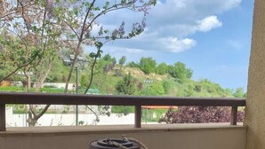 Ein Balkon mit Blick auf Grünflächen und ein entferntes Gebäude.