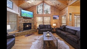 Smart TV, fireplace, video games, DVD player