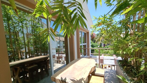 Mesa y sillas de madera en un espacio exterior soleado, con plantas de bambú y vista a un barrio residencial.