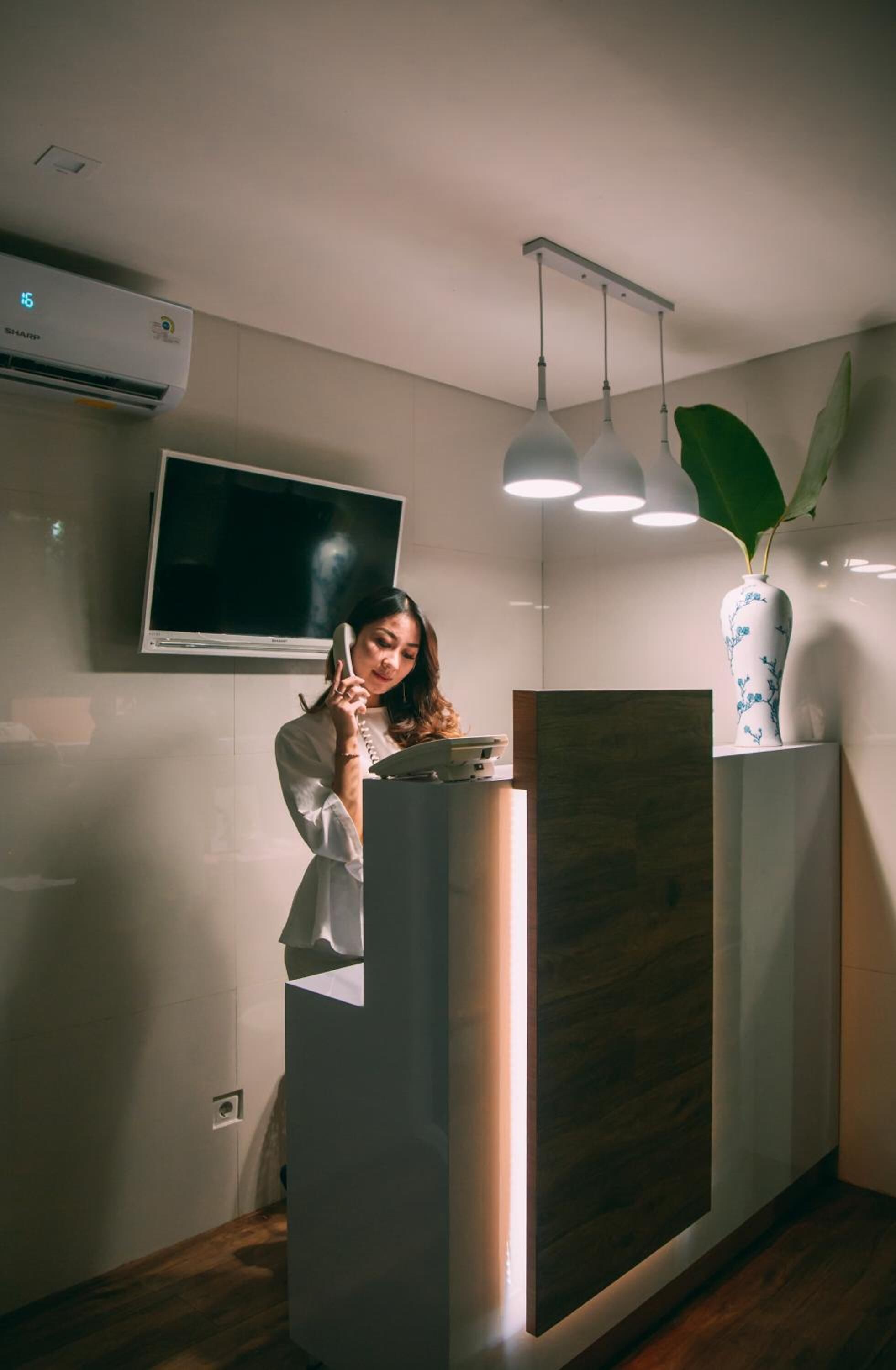 A reception desk with a flat-screen TV, a potted plant, and pendant lighting.