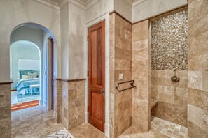 Combined shower/bathtub, hair dryer, towels - The Shore House - Private Pool! Beautiful Courtyard! Free Fitness/Tennis! (Panama City Beach)