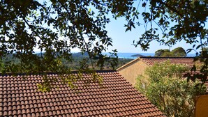 A terracotta-tiled roof, a view of the sea, and lush greenery.