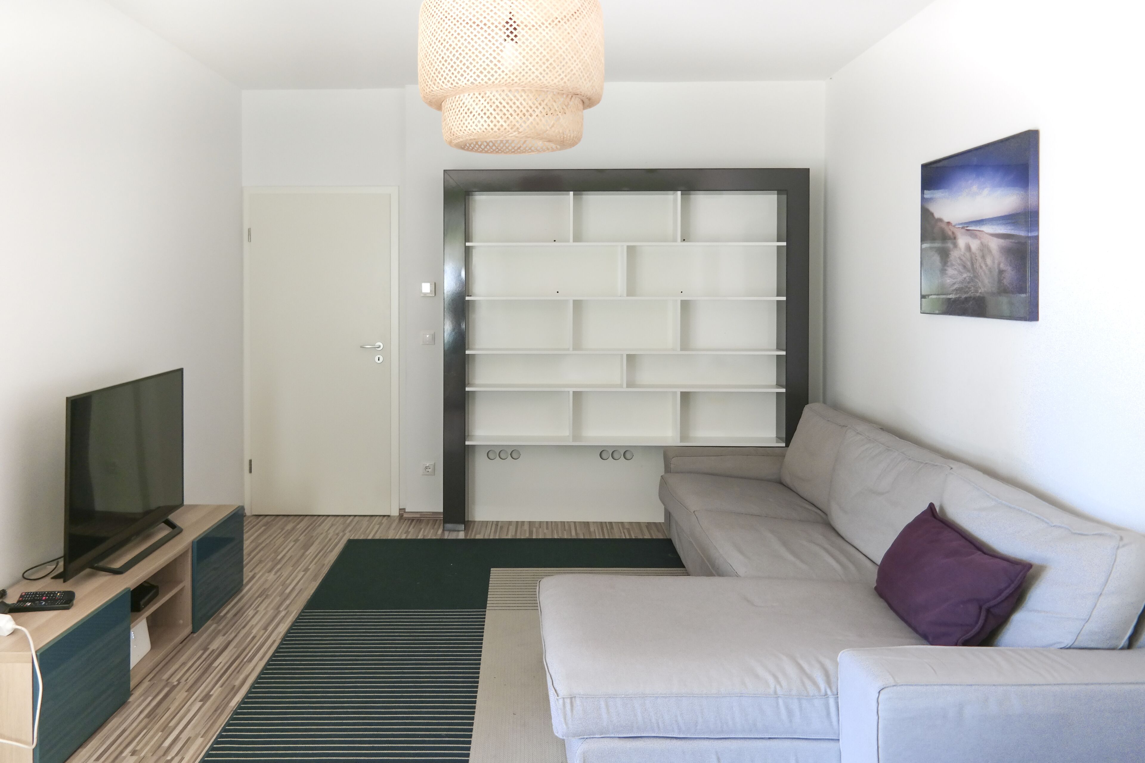 A modern living room with a sofa, a flat-screen TV, a bookshelf, and a door.