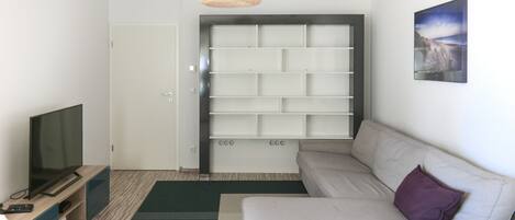 A modern living room with a sofa, a flat-screen TV, a bookshelf, and a door.