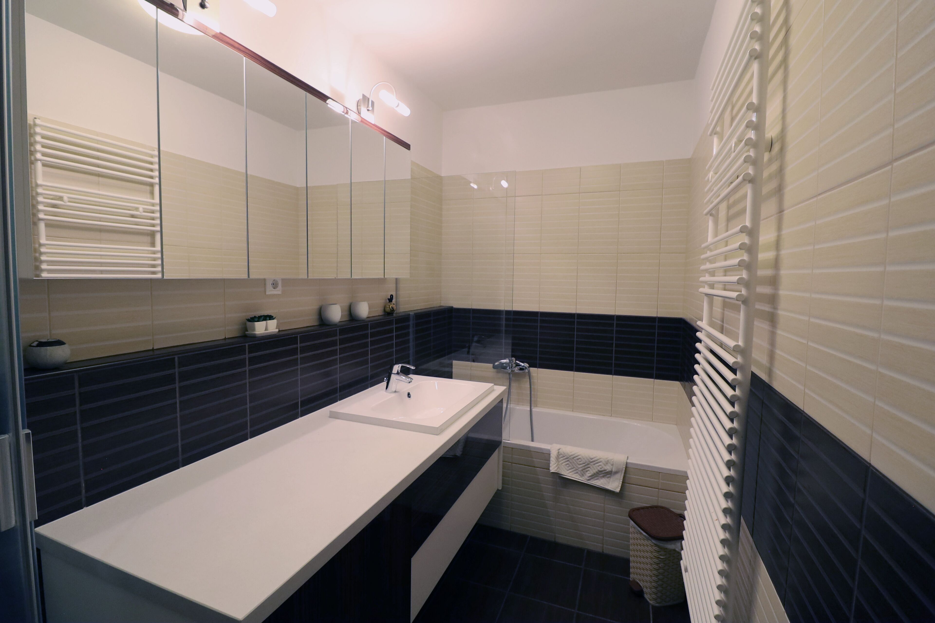 A modern bathroom with a large white sink, a mirror, and a bathtub.