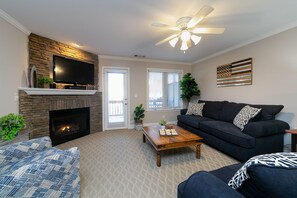 Smart TV, fireplace, DVD player, books