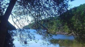 A natural landscape with a calm body of water, surrounded by trees and hills. - Apartment Coraline on Korcula, seafront (Smokvica)