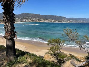 Una playa con una palmera y vegetación escasa al frente, un mar azul transparente y un pueblo lejano con edificios en una colina.