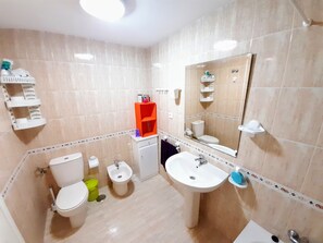 Bathtub, hair dryer, bidet, towels