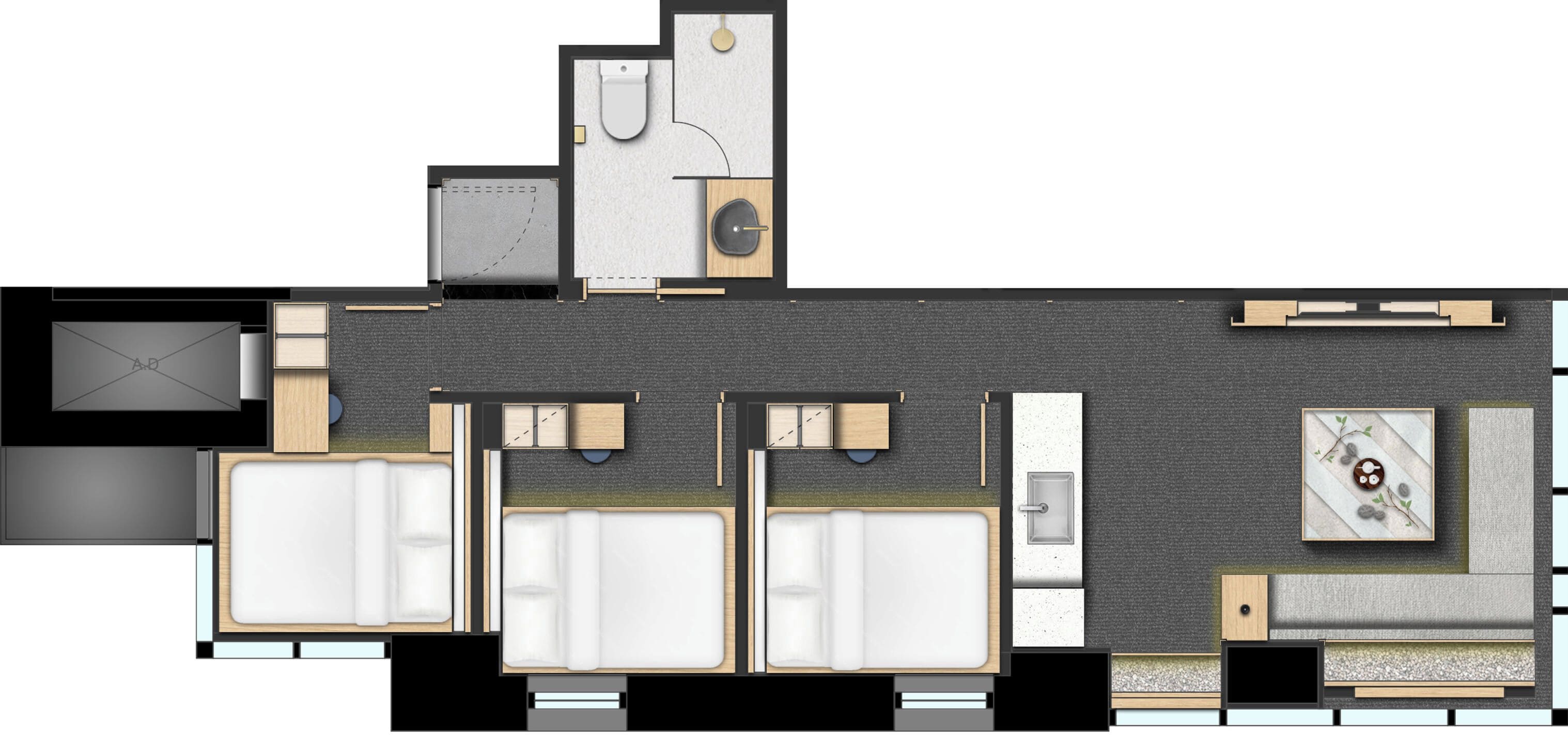 Distribución de una habitación de hotel con cama, escritorio, baño y una pequeña zona de estar.