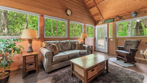 Een gezellig interieur van een chalet met een houten plafond, een bank, een fauteuil, een bijzettafeltje en een potplant.