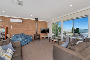 Smart TV, fireplace, DVD player, books