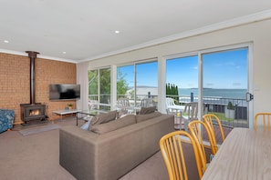 Smart TV, fireplace, DVD player, books
