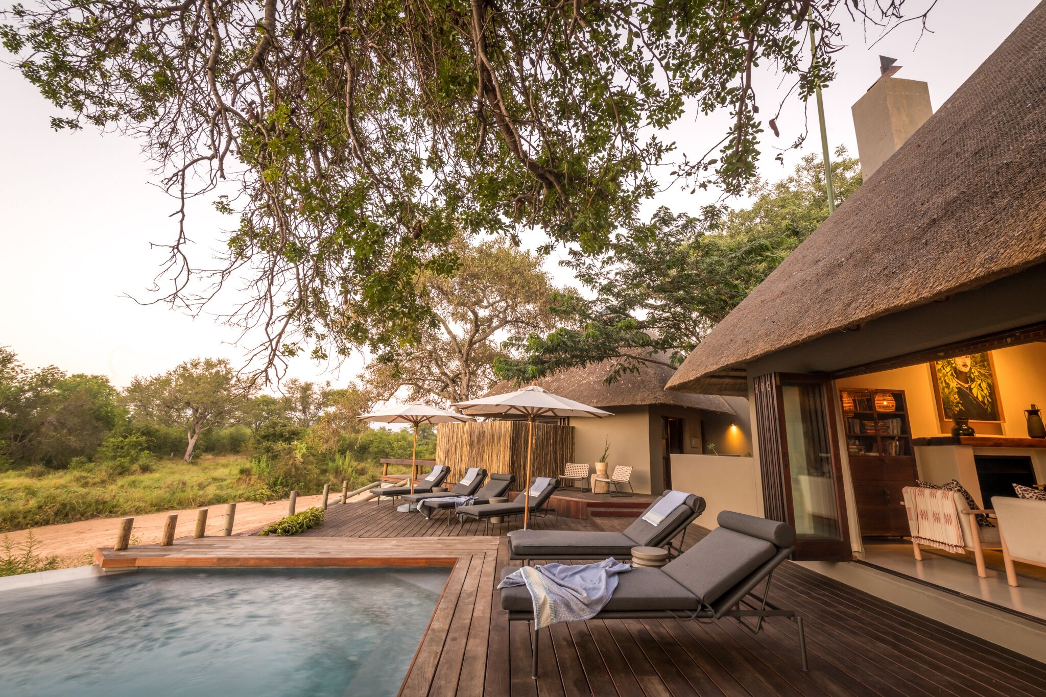 Outdoor pool, pool umbrellas, pool loungers