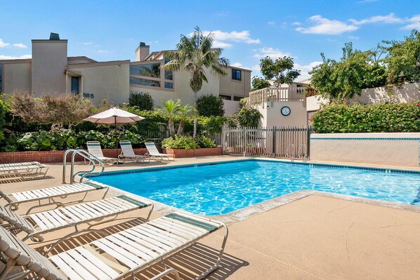 A swimming pool with lounge chairs and a palm tree. - Sea For Miles Top Floor Oceanfront Rental - A/C, Beach Access, Pool (Solana Beach)