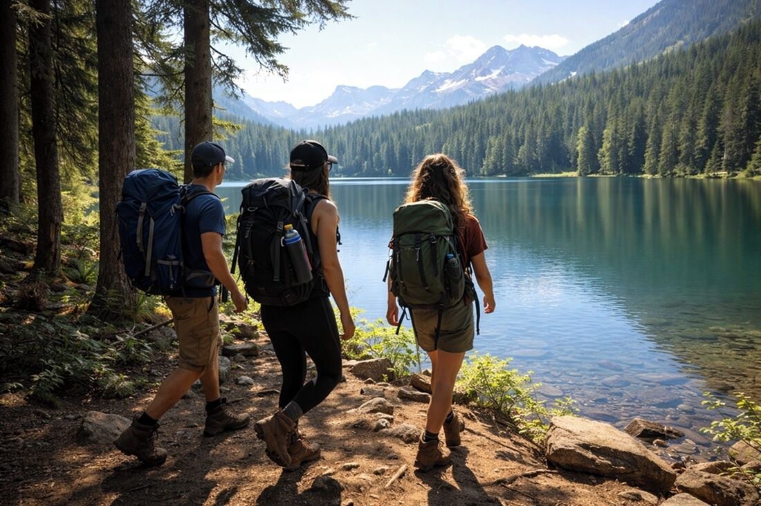 Three hikers on a forested trail with a lake and mountains in the background.