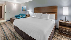 Habitación de hotel con una cama grande, un sofá azul, una mesita de noche de madera con una lámpara y un cuadro en la pared.