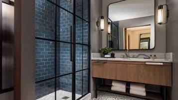 Designer toiletries, hair dryer, bathrobes, towels
