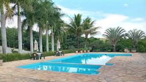 Ein Swimmingpool mit Steinfliesen, umgeben von Palmen und Sitzmöglichkeiten im Freien.
