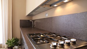 Una cocina moderna con estufa a gas, encimera de granito y campana extractora de acero inoxidable.