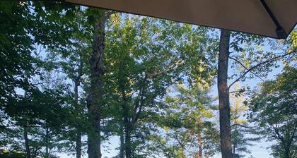 Cottage has beach with a dock