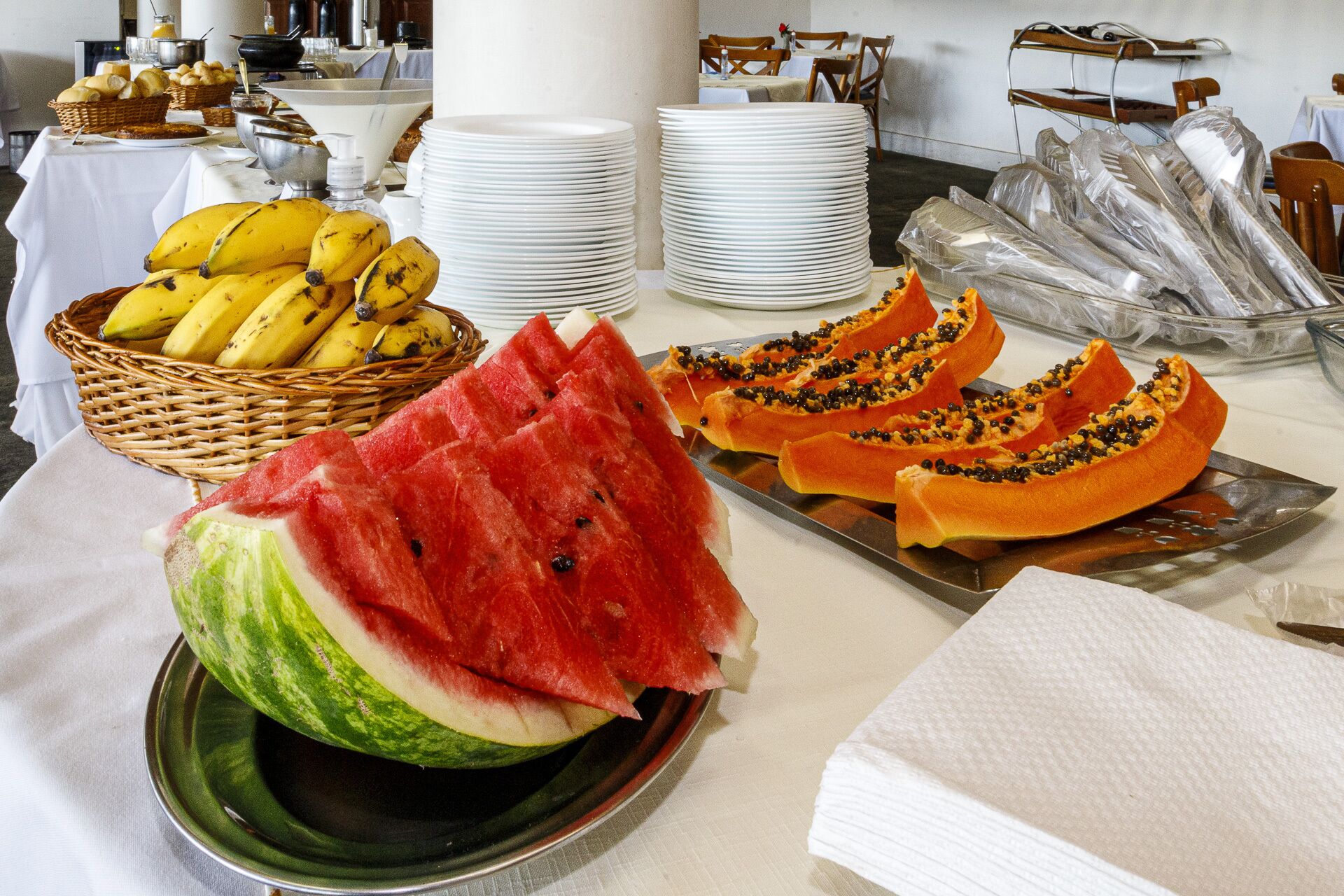 A buffet table with various fruits and a stack of white plates.