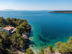 A coastal property with a house overlooking a clear blue sea, surrounded by dense greenery and rocky terrain. - Holiday Home Melanie (Blato)