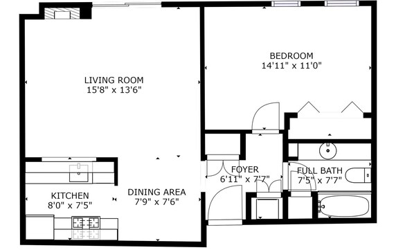 Un plan d’étage comprenant un salon de 4,78 m x 4,11 m, une cuisine de 2,44 m x 2,26 m et un coin repas de 2,36 m x 2,29 m.
