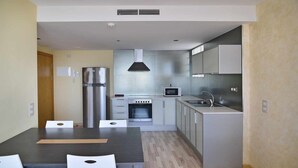 A modern kitchen with stainless steel appliances, a built-in oven, microwave, and a sink. - ORNIS "Becassina": 1 bedroom+sofa-bed 2/4 pers windows sea view (Sant Carles De La Rapita)