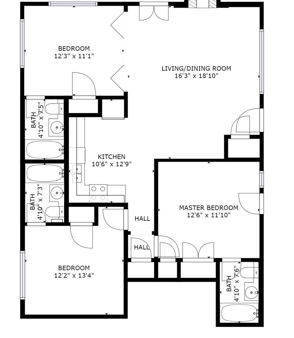 A floor plan with a bedroom measuring 12'3' x 11'1', a living/dining room of 16'3' x 18'10', a kitchen of 10'6' x 12'9', a master bedroom of 12'6' x 11'10', and two bathrooms of 4'10' x 7'3'.