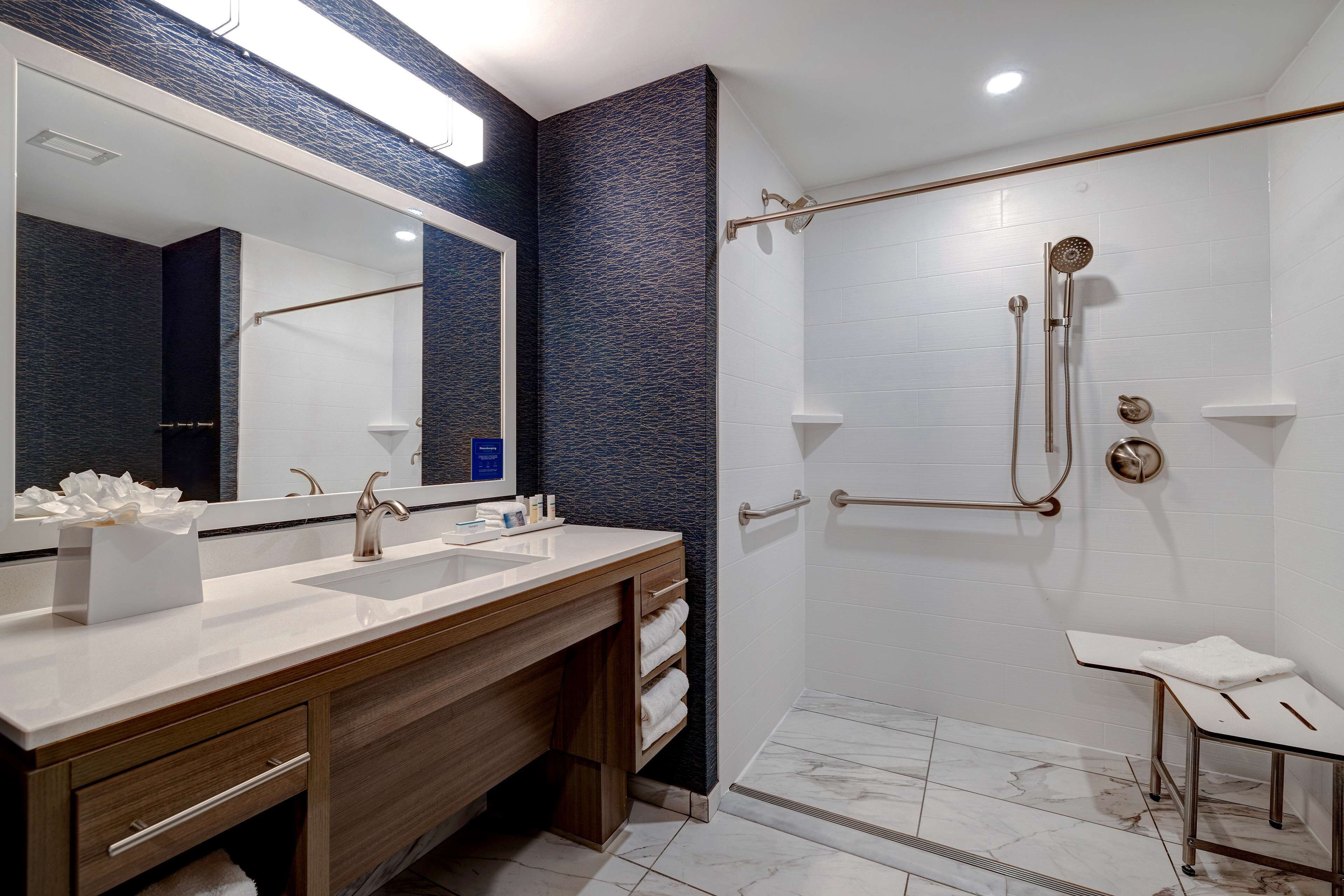 Un baño moderno con lavamanos dobles, un espejo grande y una ducha a ras de suelo con cabezal de ducha manual.