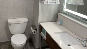 Un bany modern amb vàter, rentapel i mirall. Hi ha un quadre al mur i una barra de tovalloles amb tovalloles.