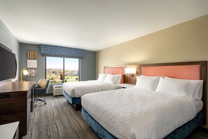 Room, 2 Queen Beds, Refrigerator | In-room safe, desk, bed sheets