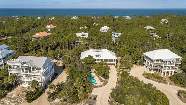 An aerial view of a coastal residential area with multiple houses, a central swimming pool, and a clear view of the ocean.