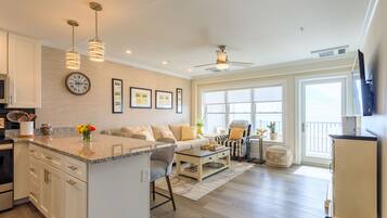 Smart TV, fireplace, books