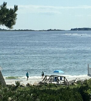 On the beach, sun loungers