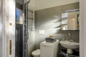 Shower, free toiletries, hair dryer, towels