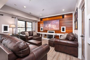 TV connectée, cheminée, jeux vidéo, lecteur de DVD