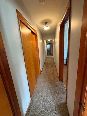 A carpeted hallway with wooden doors and a ceiling light fixture.