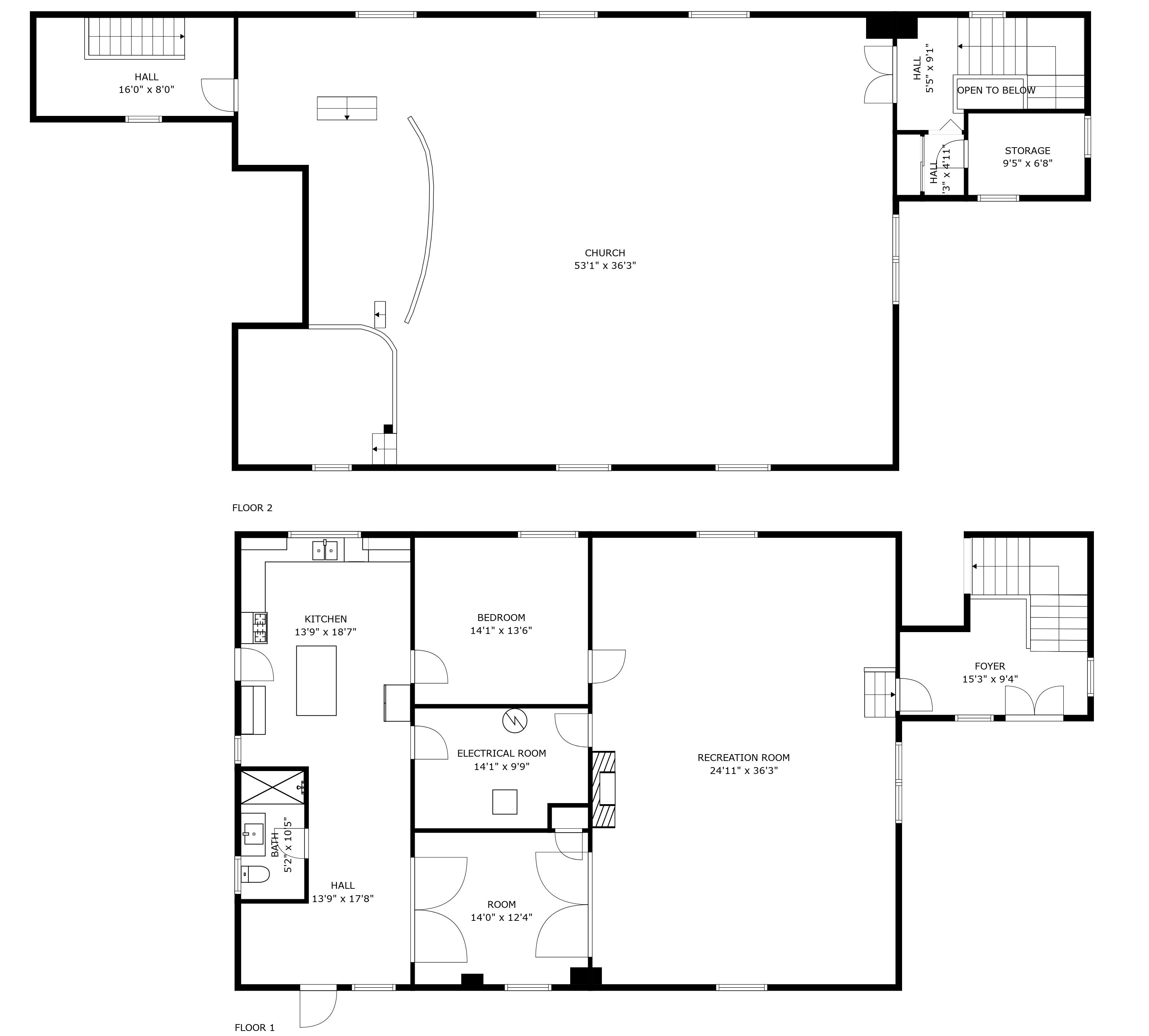 A floor plan of a hotel with a church, storage, kitchen, bedrooms, bathroom, electrical room, recreation room, and foyers.