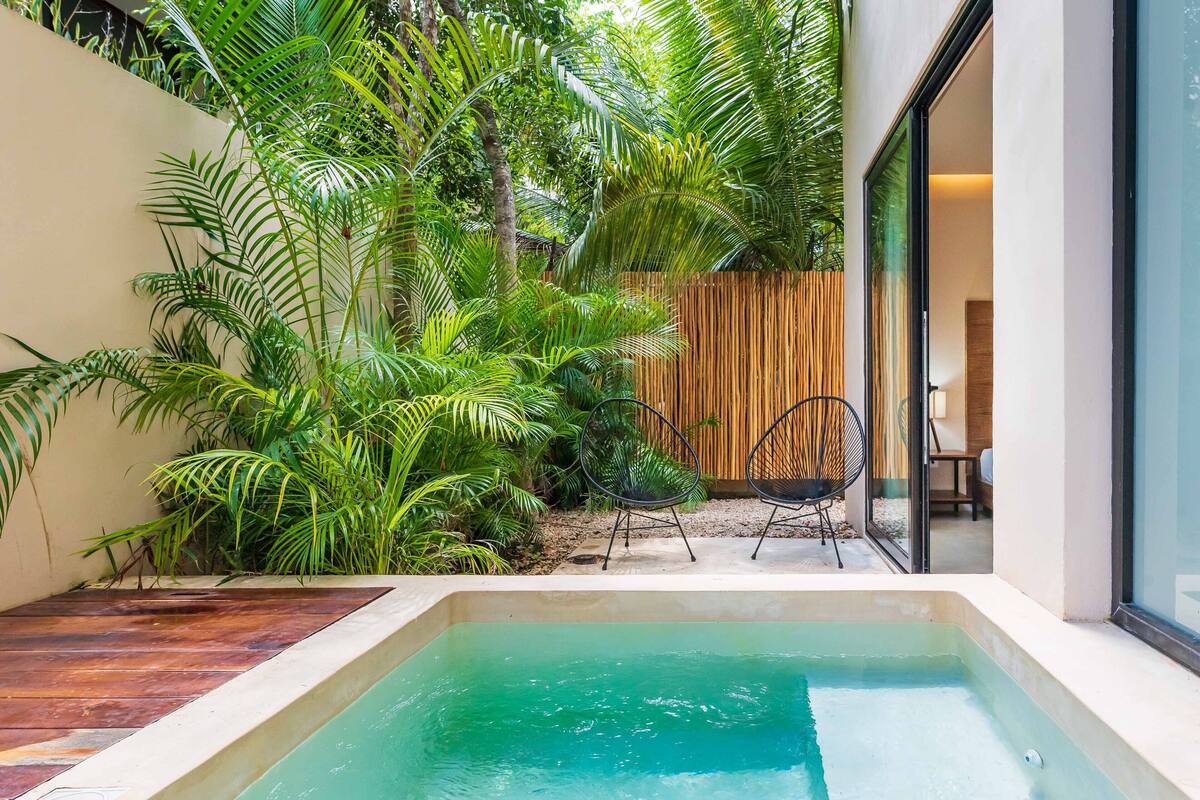 A modern outdoor pool area with a wooden deck, surrounded by lush tropical plants and a bamboo fence.