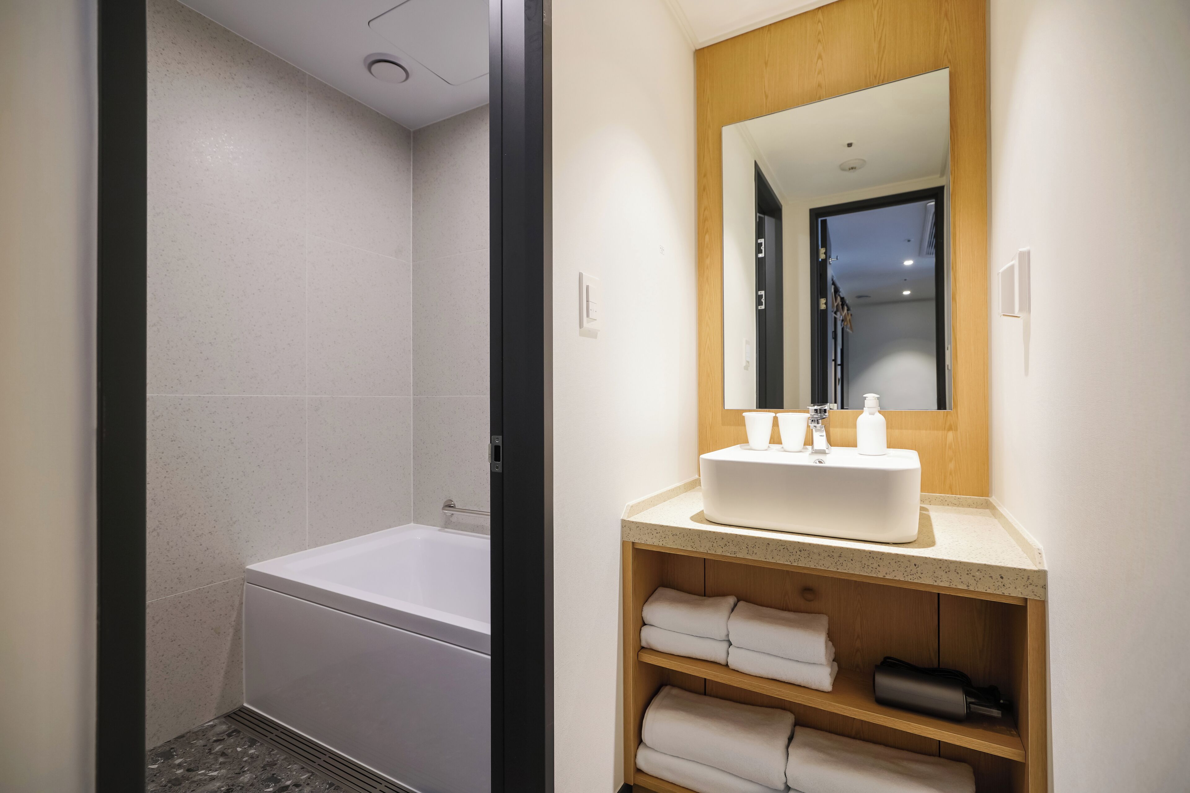 Bañera con ducha, secador de pelo, pantuflas, bidet