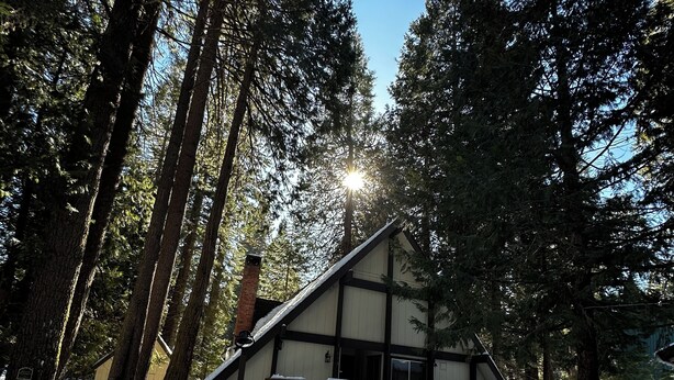 Una cabana amb un balcó de fusta i un sòl cobert de neu, envoltada per arbres alts.