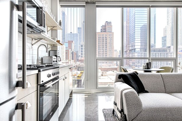 Fridge, microwave, oven, stovetop