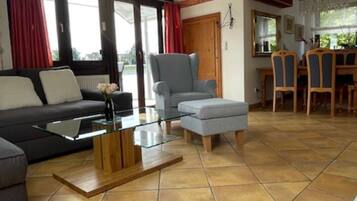 Télévision, cheminée, lecteur de DVD, table de tennis de table